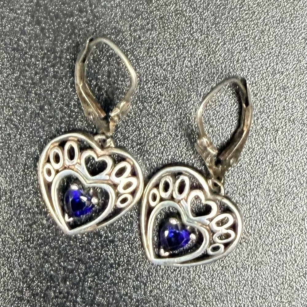 Sterling 925 Drop Dangle Heart Filigree Earrings With Articulated Blue Gemstone